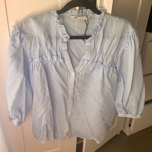 NWT Zara blue/white stripe cotton ruffle blouse